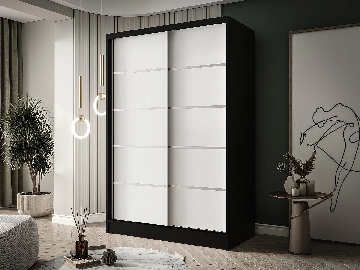 Zweitüriger Schiebeschrank LAUSANNE L4, Regalböden und Kleiderstange (Schwarz/Weiß)