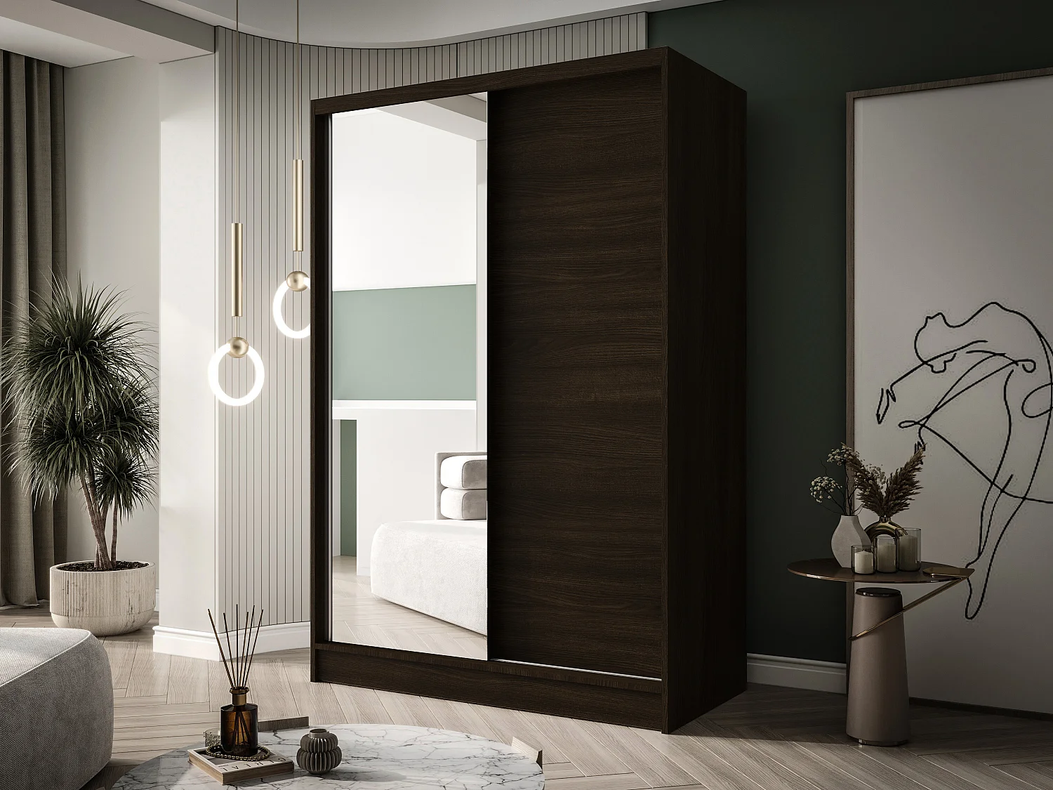 Zweitüriger Schiebeschrank mit Spiegel LAUSANNE L1, Regalböden und Kleiderstange (Choco)