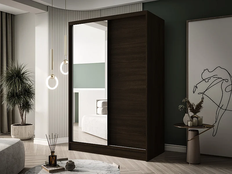 Zweitüriger Schiebeschrank mit Spiegel LAUSANNE L1, Regalböden und Kleiderstange (Choco)