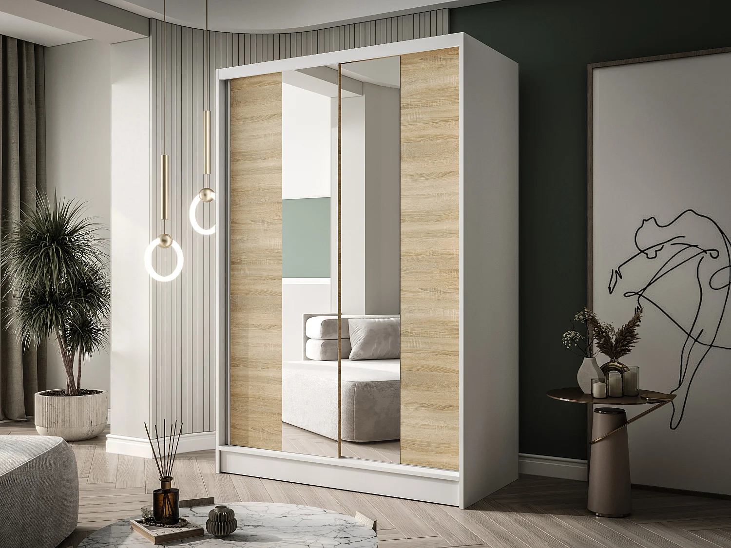 Zweitüriger Schiebeschrank mit Spiegel LAUSANNE L2, Regalböden und Kleiderstange (Weiß/Sonoma)