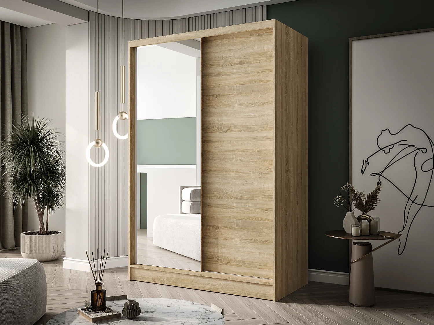 Zweitüriger Schiebeschrank mit Spiegel LAUSANNE L1 , Regalböden und Kleiderstange (Sonoma)