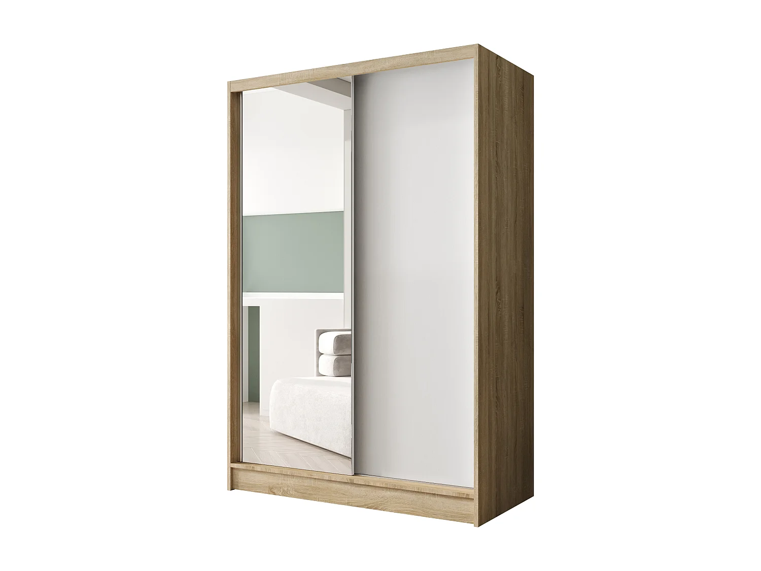 Zweitüriger Schiebeschrank mit Spiegel LAUSANNE L1, Regalböden und Kleiderstange (Sonoma/Weiß)