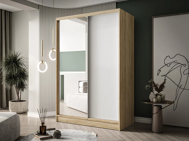 Zweitüriger Schiebeschrank mit Spiegel LAUSANNE L1, Regalböden und Kleiderstange (Sonoma/Weiß)