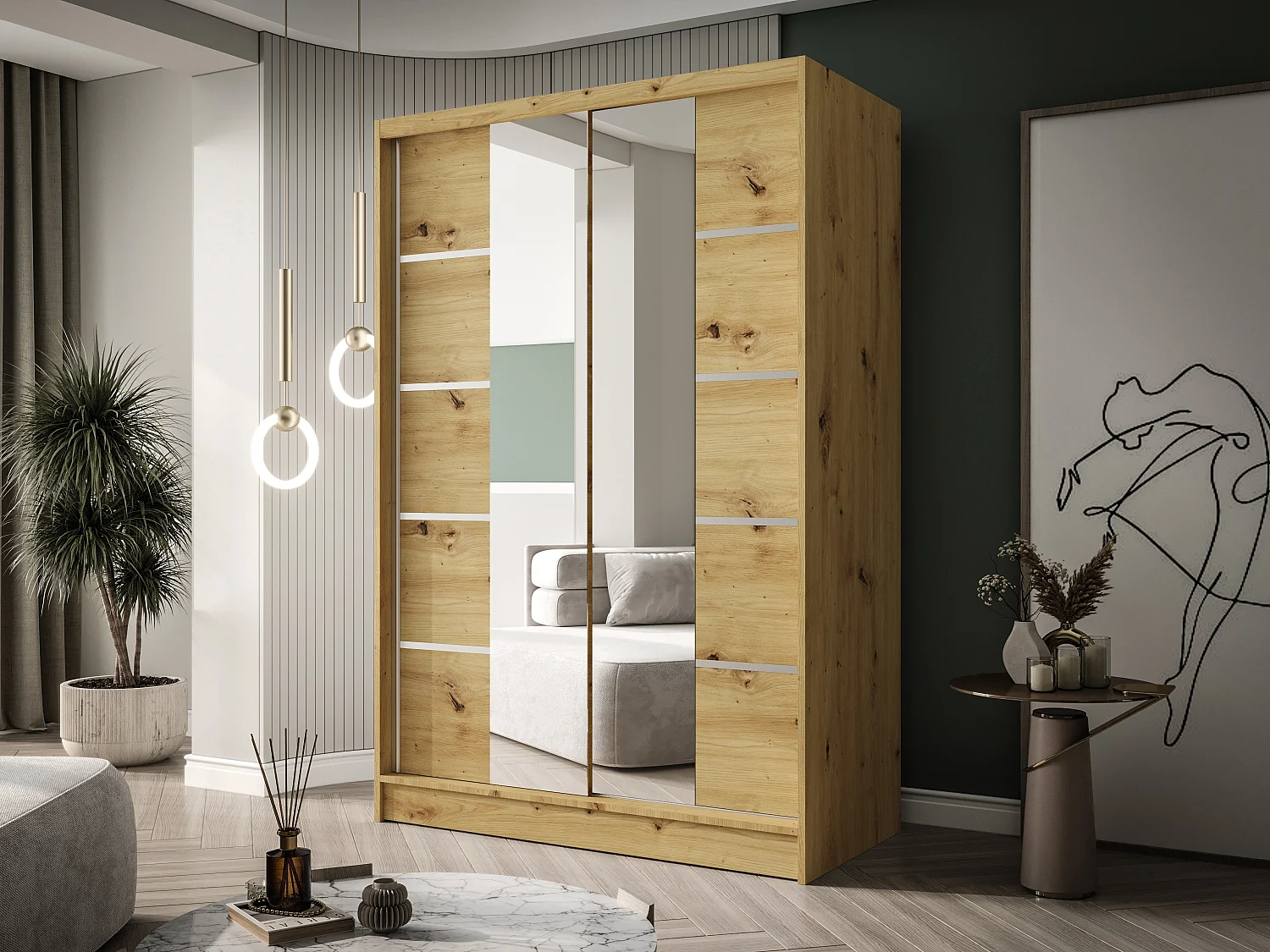 Zweitüriger Schiebeschrank mit Spiegel LAUSANNE L5, Regalböden und Kleiderstange (Artisan)