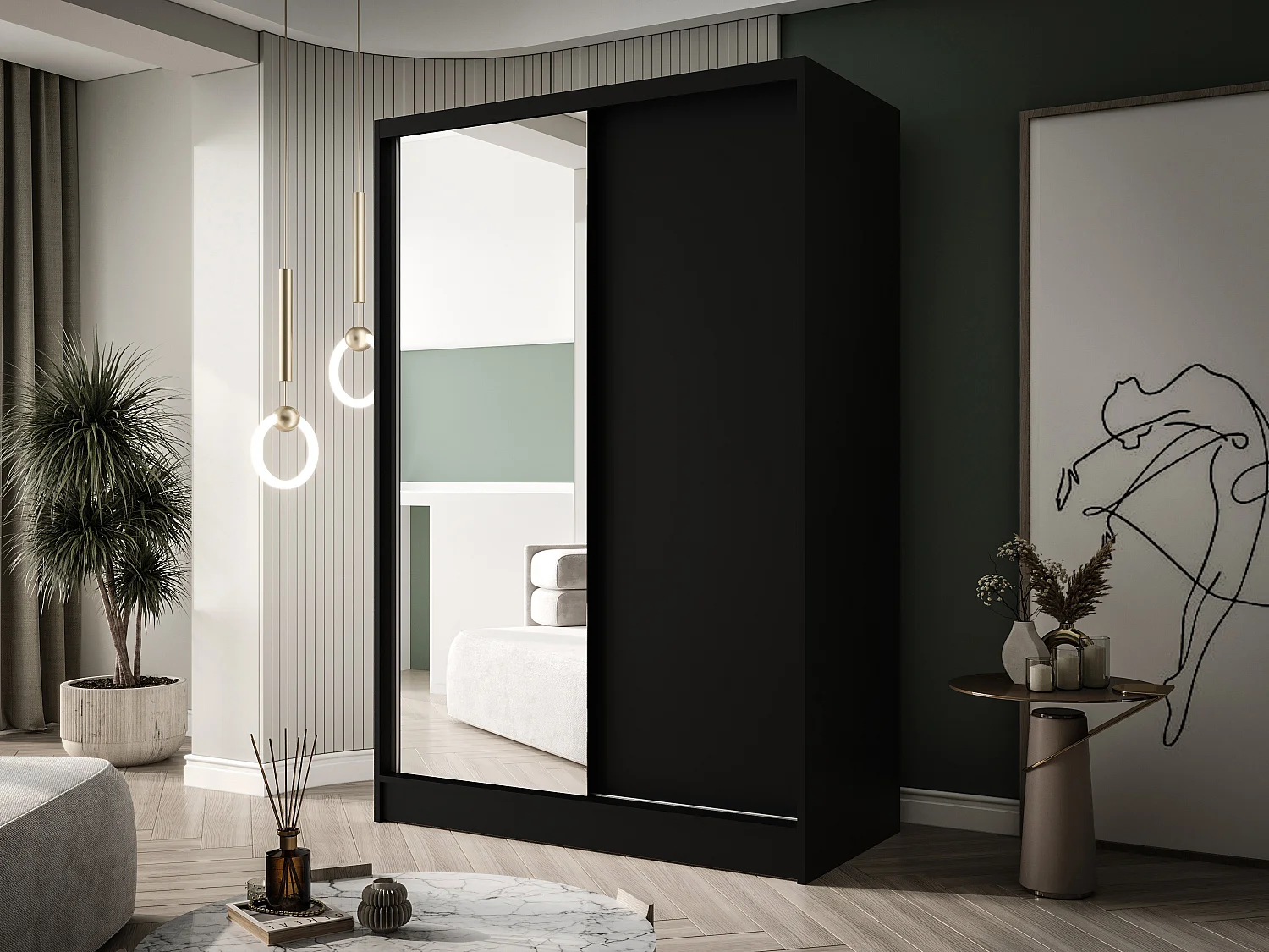 Zweitüriger Schiebeschrank mit Spiegel LAUSANNE L1, Regalböden und Kleiderstange (Schwarz)