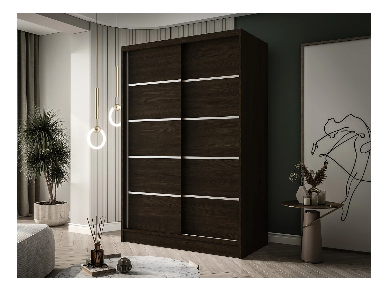 Zweitüriger Schiebeschrank LAUSANNE L4, Regalböden und Kleiderstange (Choco)