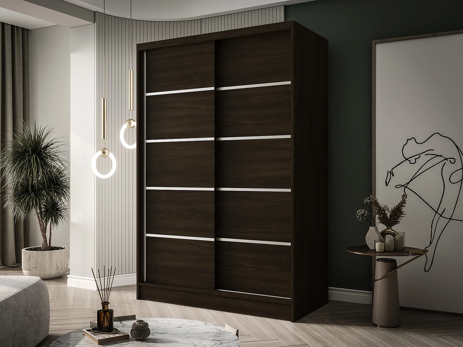 Zweitüriger Schiebeschrank LAUSANNE L4, Regalböden und Kleiderstange (Choco)