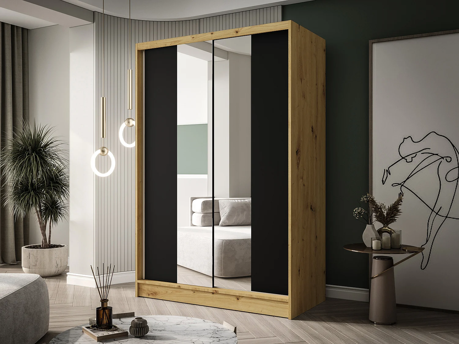 Zweitüriger Schiebeschrank mit Spiegel LAUSANNE L2, Regalböden und Kleiderstange (Artisan/Schwarz)