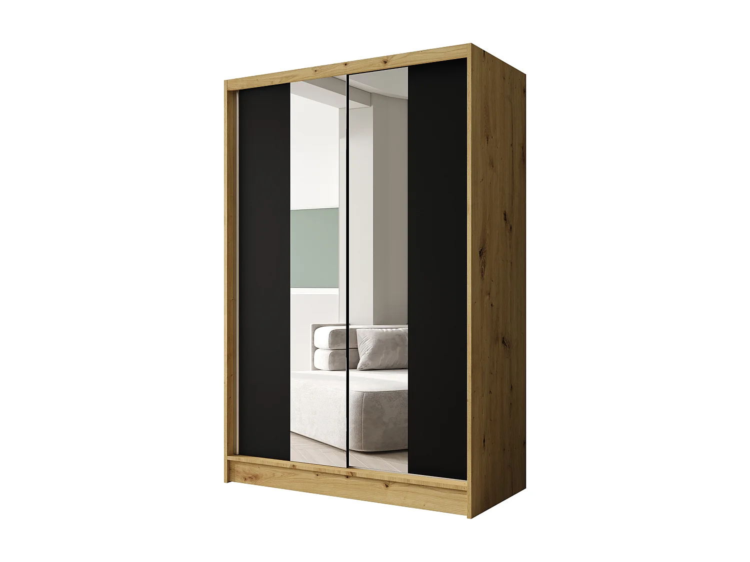 Zweitüriger Schiebeschrank mit Spiegel LAUSANNE L2, Regalböden und Kleiderstange (Artisan/Schwarz)