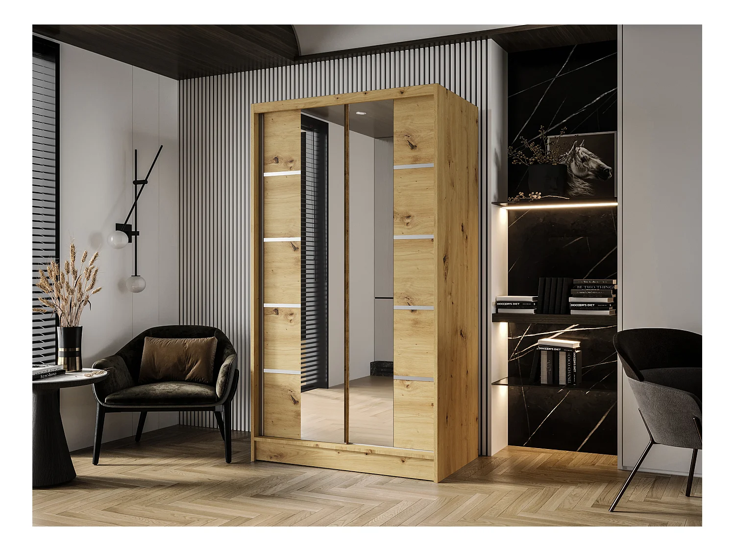 Zweitüriger Schiebeschrank mit Spiegel DETROIT D5, Regalböden und Kleiderstange (Artisan)