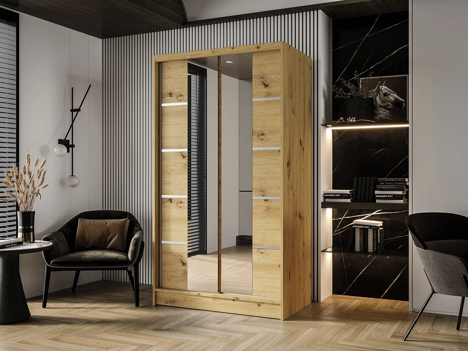 Zweitüriger Schiebeschrank mit Spiegel DETROIT D5, Regalböden und Kleiderstange (Artisan)