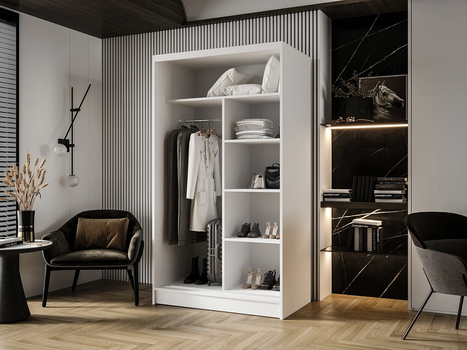 Zweitüriger Schiebeschrank mit Spiegel DETROIT D5, Regalböden und Kleiderstange (Sonoma/Weiß)