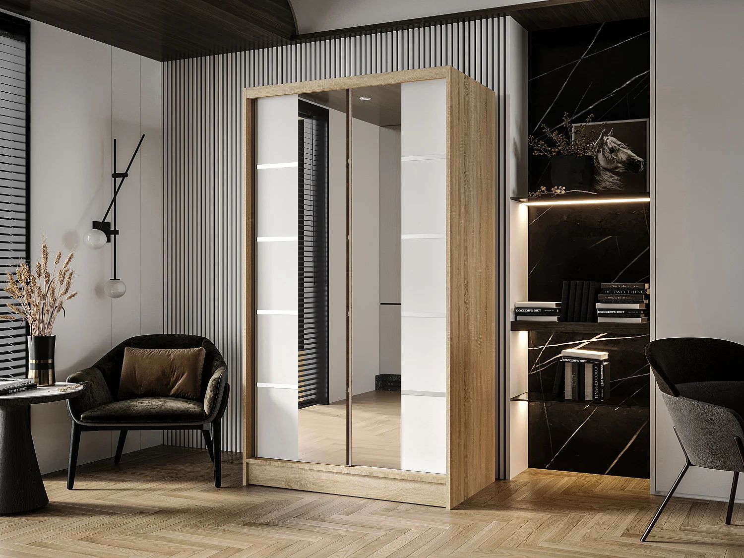 Zweitüriger Schiebeschrank mit Spiegel DETROIT D5, Regalböden und Kleiderstange (Sonoma/Weiß)