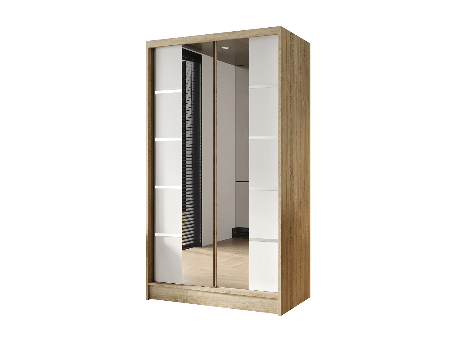 Zweitüriger Schiebeschrank mit Spiegel DETROIT D5, Regalböden und Kleiderstange (Sonoma/Weiß)