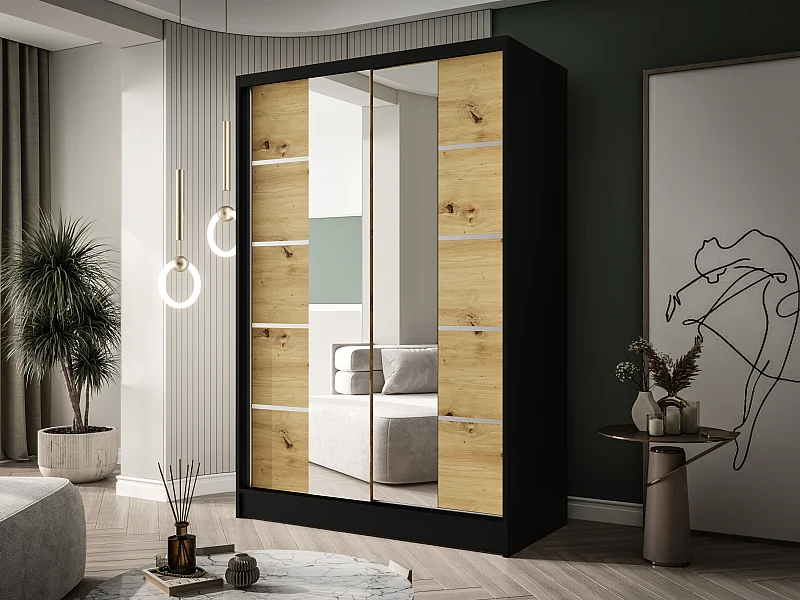 Zweitüriger Schiebeschrank mit Spiegel LAUSANNE L5, Regalböden und Kleiderstange (Schwarz/Artisan)