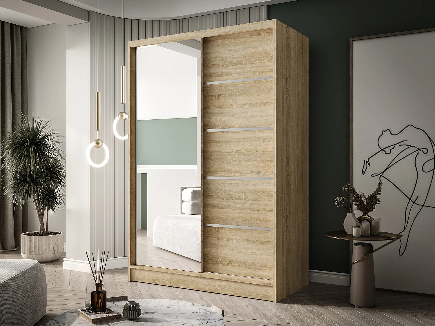 Zweitüriger Schiebeschrank mit Spiegel LAUSANNE L3, Regalböden und Kleiderstange (Sonoma)