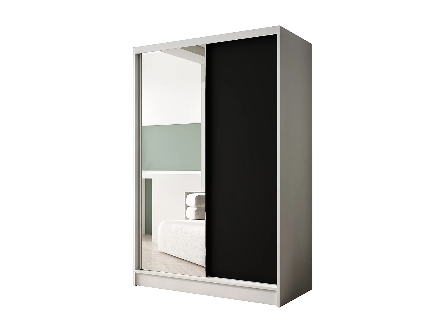 Zweitüriger Schiebeschrank mit Spiegel LAUSANNE L1, Regalböden und Kleiderstange (Weiß/Schwarz)