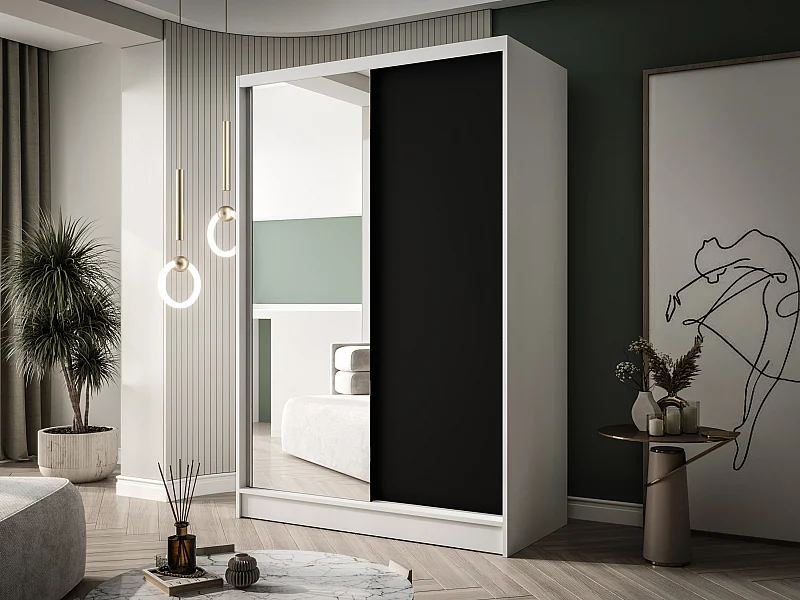 Zweitüriger Schiebeschrank mit Spiegel LAUSANNE L1, Regalböden und Kleiderstange (Weiß/Schwarz)