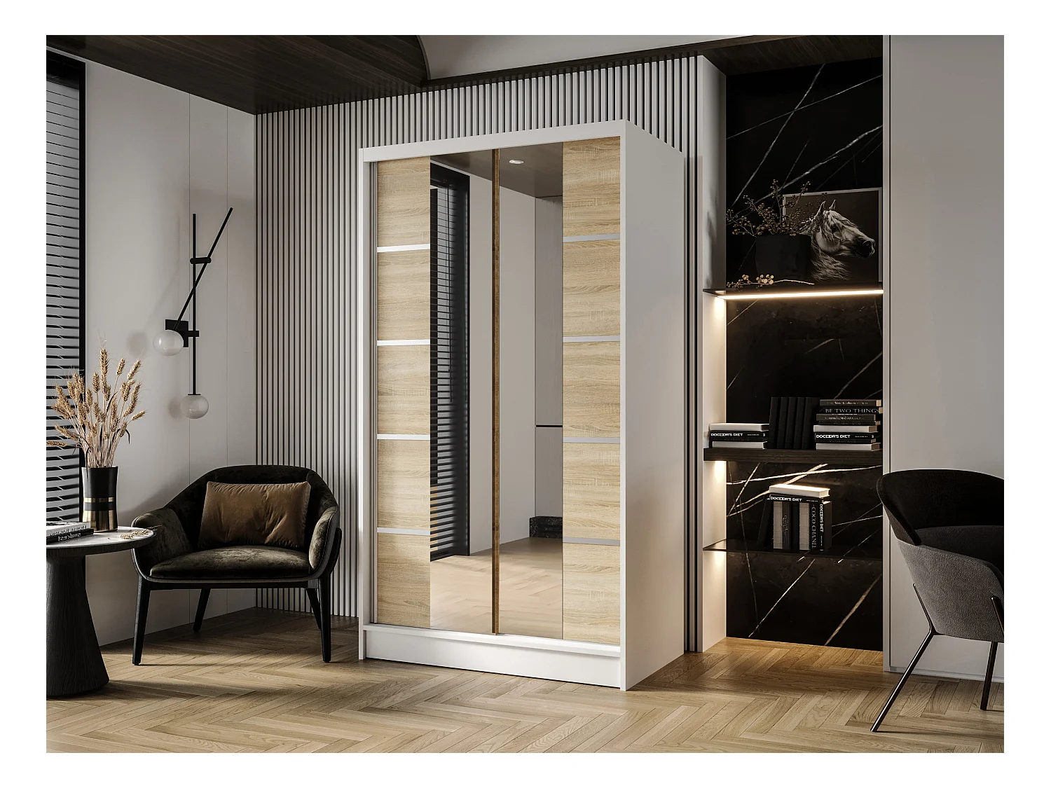 Zweitüriger Schiebeschrank mit Spiegel DETROIT D5, Regalböden und Kleiderstange (Weiß/Sonoma)