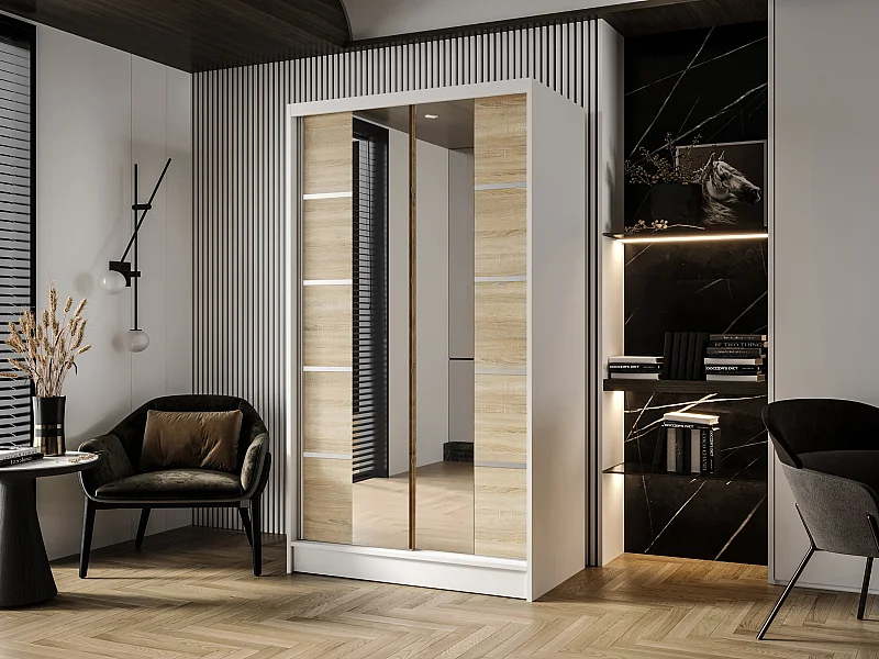 Zweitüriger Schiebeschrank mit Spiegel DETROIT D5, Regalböden und Kleiderstange (Weiß/Sonoma)