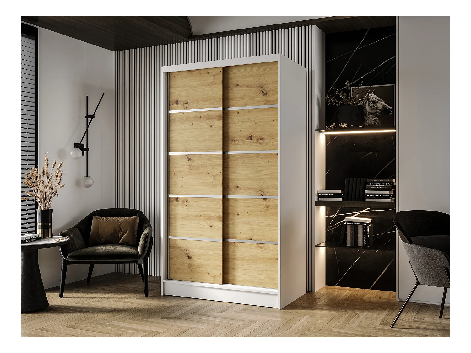 Zweitüriger Schiebeschrank DETROIT D4, Regalböden und Kleiderstange (Weiß/Artisan)