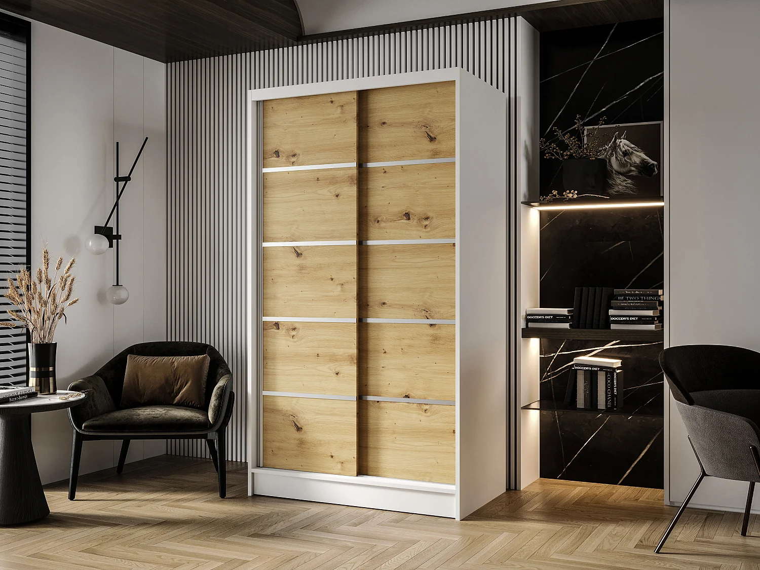 Zweitüriger Schiebeschrank DETROIT D4, Regalböden und Kleiderstange (Weiß/Artisan)