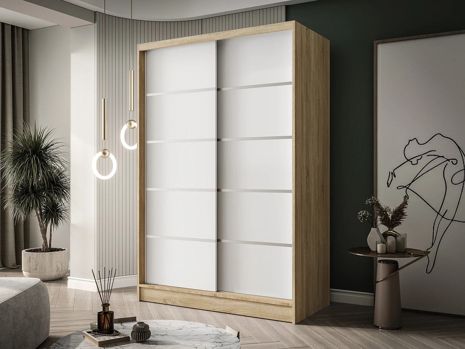 Zweitüriger Schiebeschrank LAUSANNE L4, Regalböden und Kleiderstange (Sonoma/Weiß)