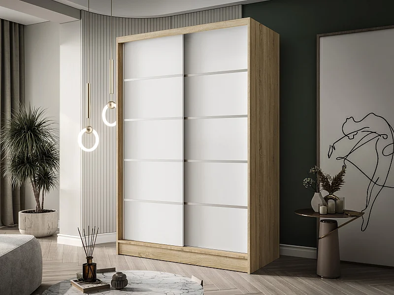 Zweitüriger Schiebeschrank LAUSANNE L4, Regalböden und Kleiderstange (Sonoma/Weiß)