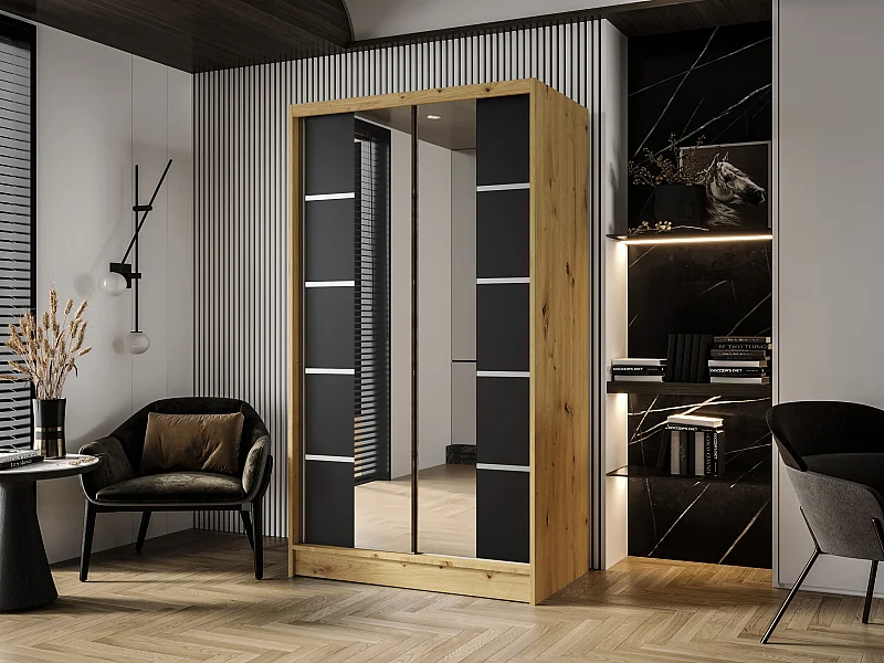 Zweitüriger Schiebeschrank mit Spiegel DETROIT D5, Regalböden und Kleiderstange (Artisan/Schwarz)