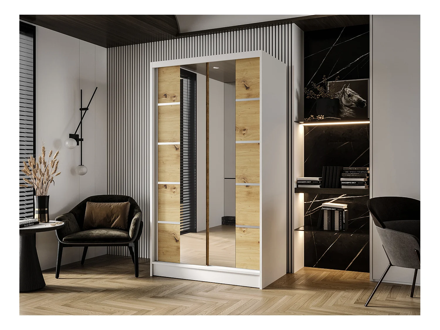 Zweitüriger Schiebeschrank mit Spiegel DETROIT D5, Regalböden und Kleiderstange (Weiß/Artisan)