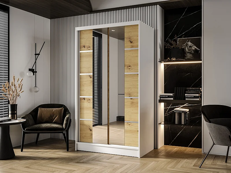 Zweitüriger Schiebeschrank mit Spiegel DETROIT D5, Regalböden und Kleiderstange (Weiß/Artisan)