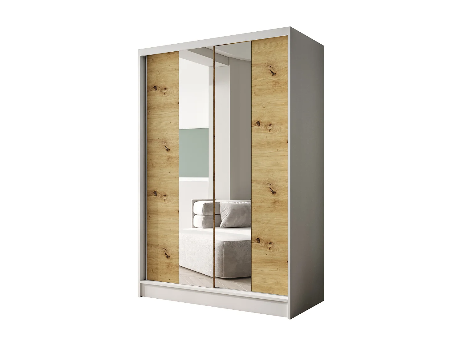 Zweitüriger Schiebeschrank mit Spiegel LAUSANNE L2, Regalböden und Kleiderstange (Weiß/Artisan)