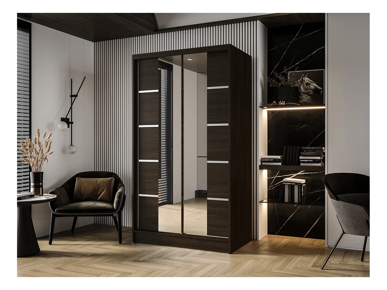 Zweitüriger Schiebeschrank mit Spiegel DETROIT D5, Regalböden und Kleiderstange (Choco)