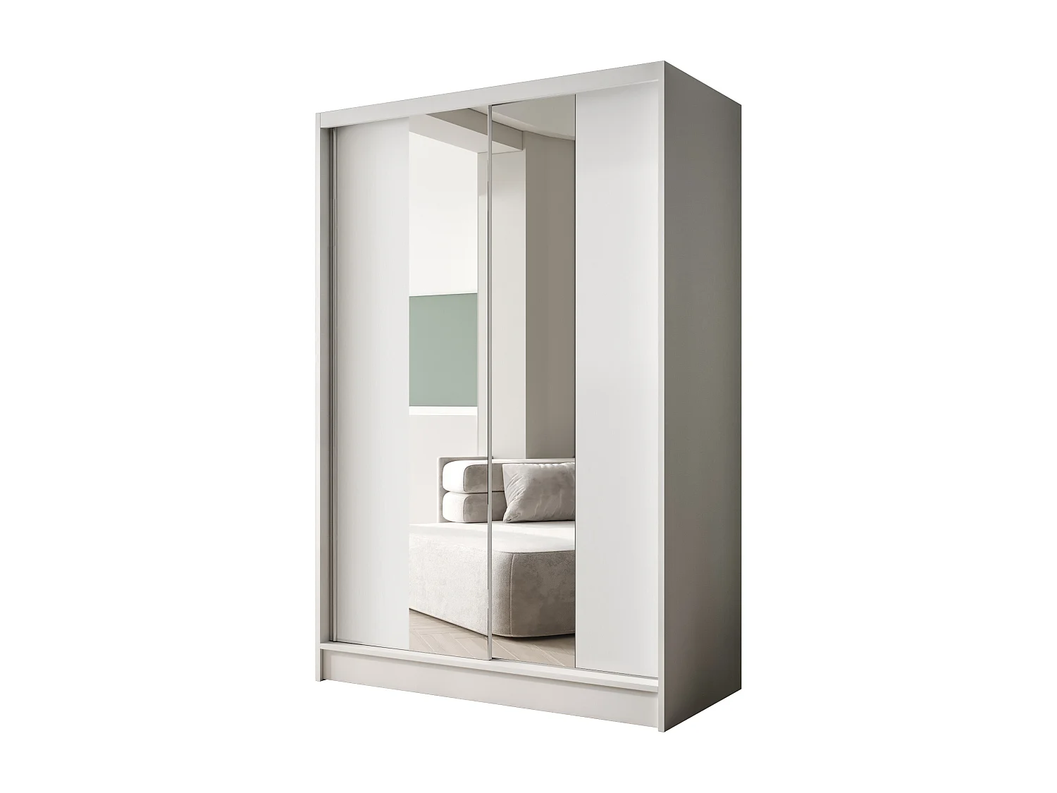 Zweitüriger Schiebeschrank mit Spiegel LAUSANNE L2, Regalböden und Kleiderstange (Weiß)