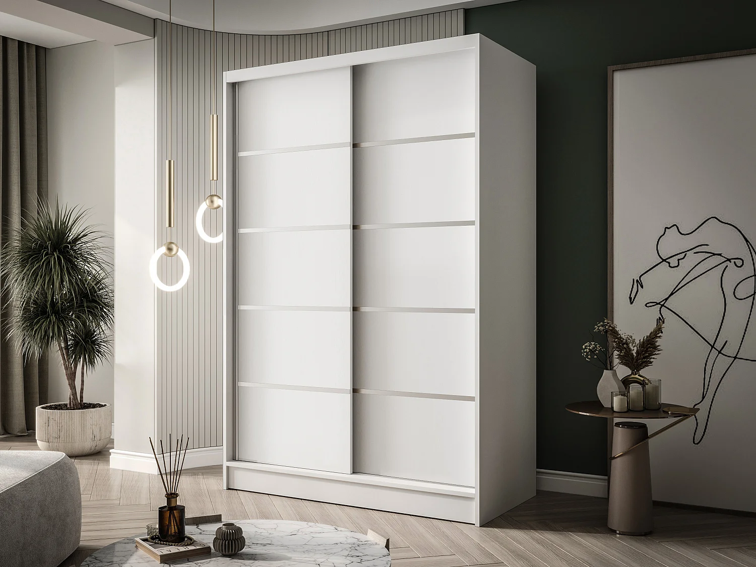 Zweitüriger Schiebeschrank LAUSANNE L4, Regalböden und Kleiderstange (Weiß)