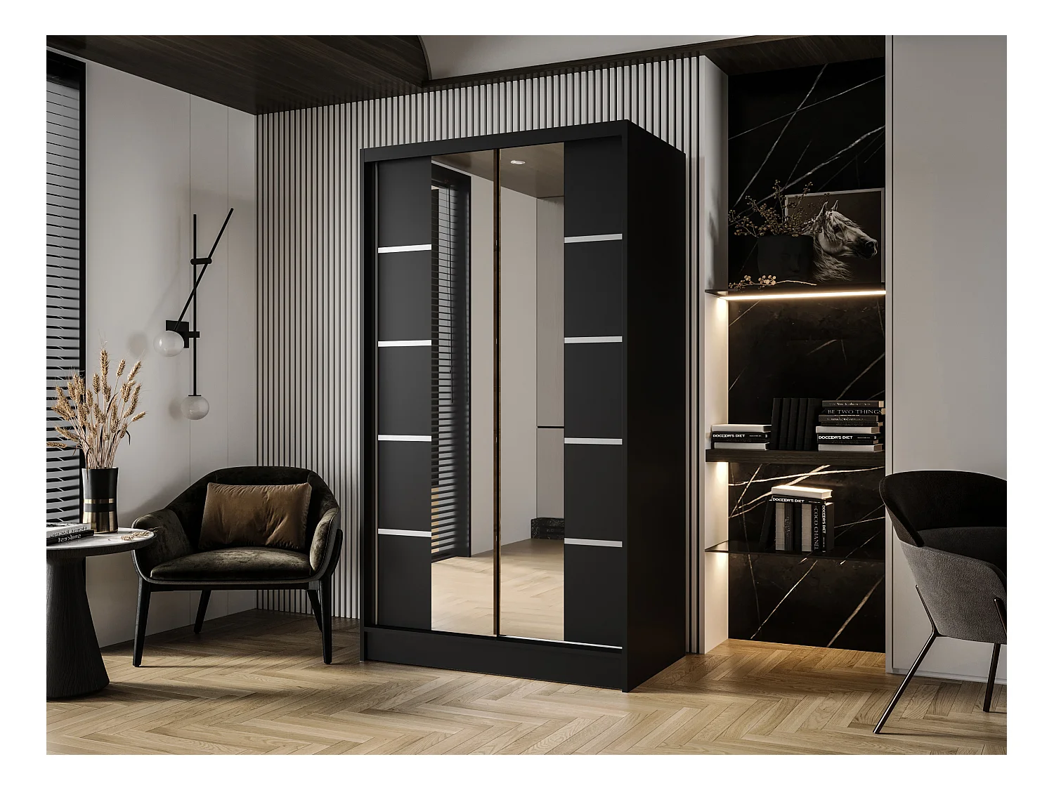 Zweitüriger Schiebeschrank mit Spiegel DETROIT D5, Regalböden und Kleiderstange (Schwarz)