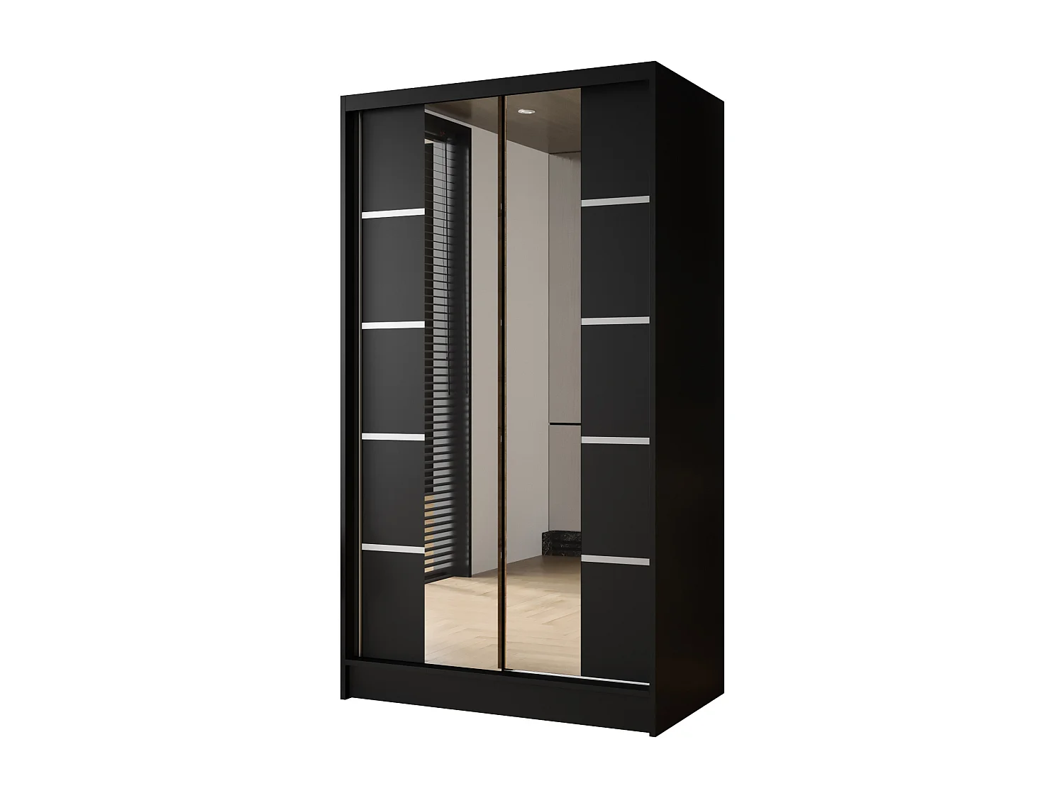 Zweitüriger Schiebeschrank mit Spiegel DETROIT D5, Regalböden und Kleiderstange (Schwarz)