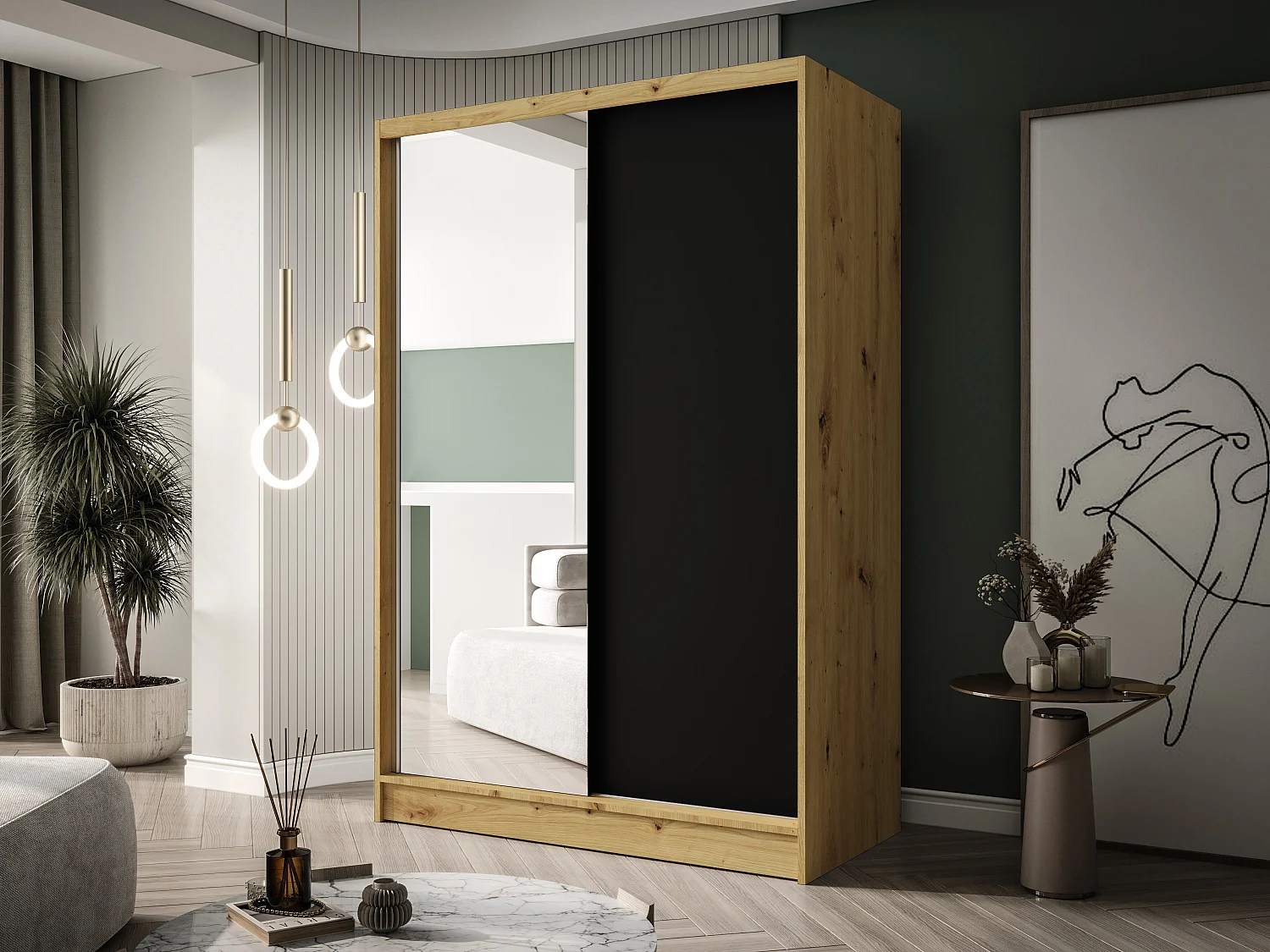 Zweitüriger Schiebeschrank mit Spiegel LAUSANNE L1, Regalböden und Kleiderstange (Artisan/Schwarz)