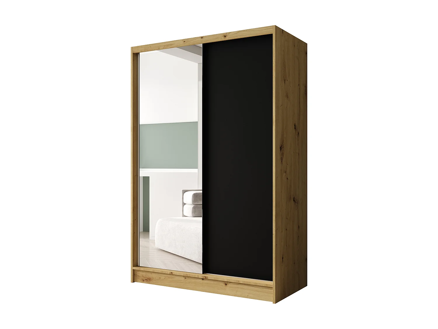 Zweitüriger Schiebeschrank mit Spiegel LAUSANNE L1, Regalböden und Kleiderstange (Artisan/Schwarz)