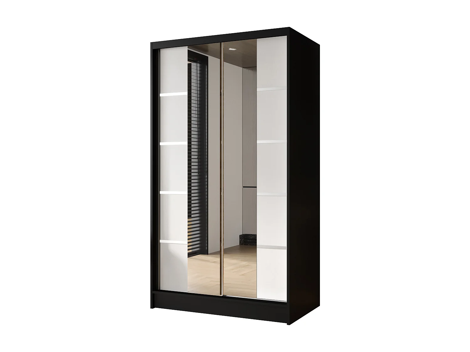 Zweitüriger Schiebeschrank mit Spiegel DETROIT D5, Regalböden und Kleiderstange (Schwarz/Weiß)