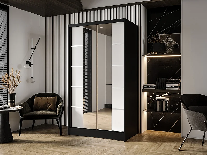 Zweitüriger Schiebeschrank mit Spiegel DETROIT D5, Regalböden und Kleiderstange (Schwarz/Weiß)