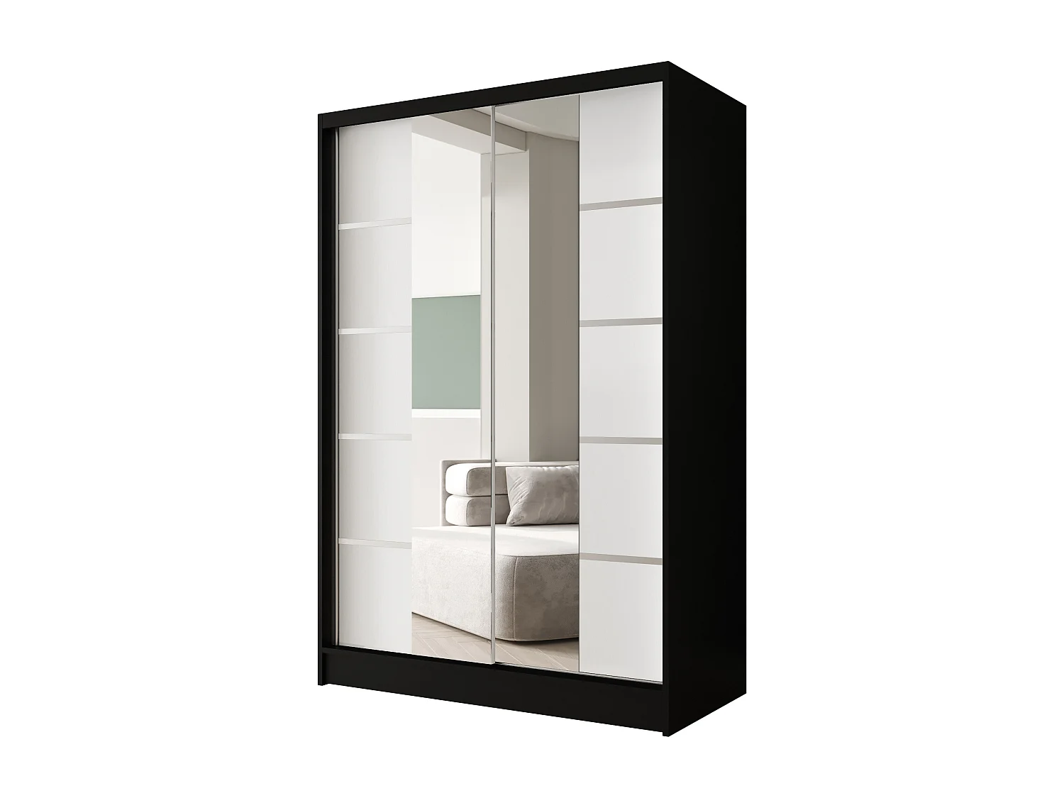 Zweitüriger Schiebeschrank mit Spiegel LAUSANNE L5, Regalböden und Kleiderstange (Schwarz/Weiß)