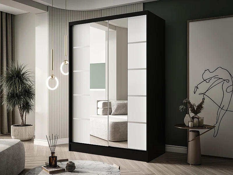 Zweitüriger Schiebeschrank mit Spiegel LAUSANNE L5, Regalböden und Kleiderstange (Schwarz/Weiß)