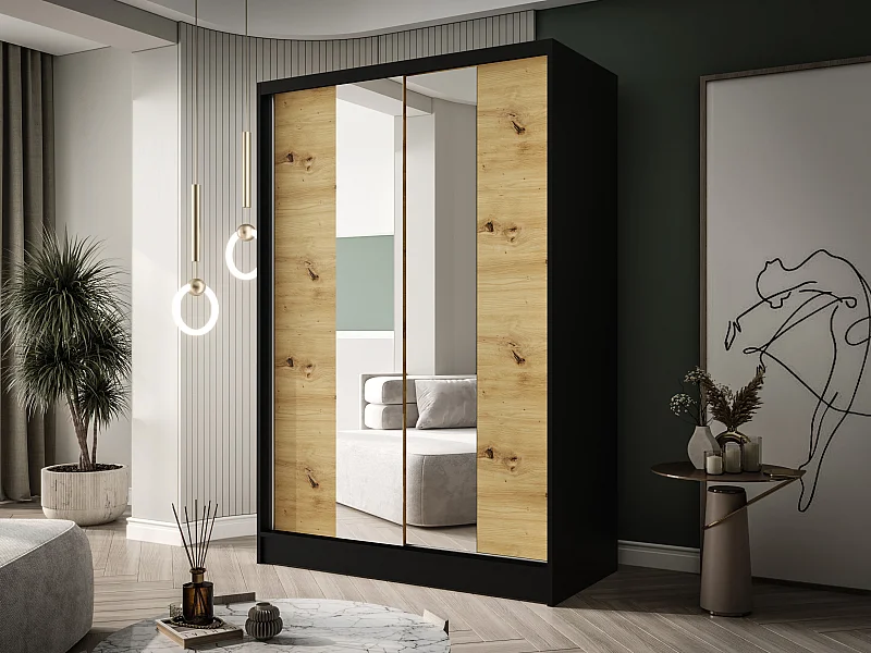 Zweitüriger Schiebeschrank mit Spiegel LAUSANNE L2, Regalböden und Kleiderstange (Schwarz/Artisan)