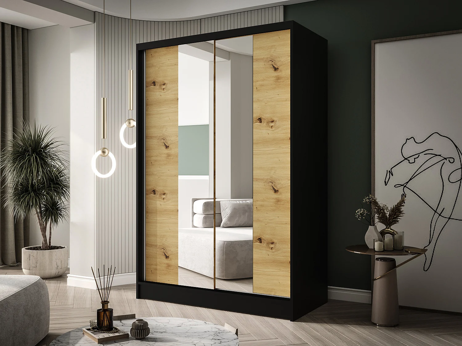 Zweitüriger Schiebeschrank mit Spiegel LAUSANNE L2, Regalböden und Kleiderstange (Schwarz/Artisan)