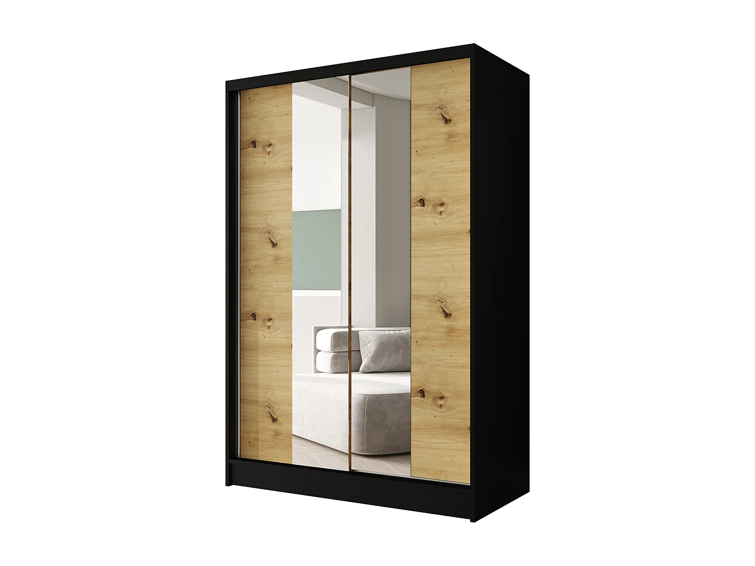Zweitüriger Schiebeschrank mit Spiegel LAUSANNE L2, Regalböden und Kleiderstange (Schwarz/Artisan)