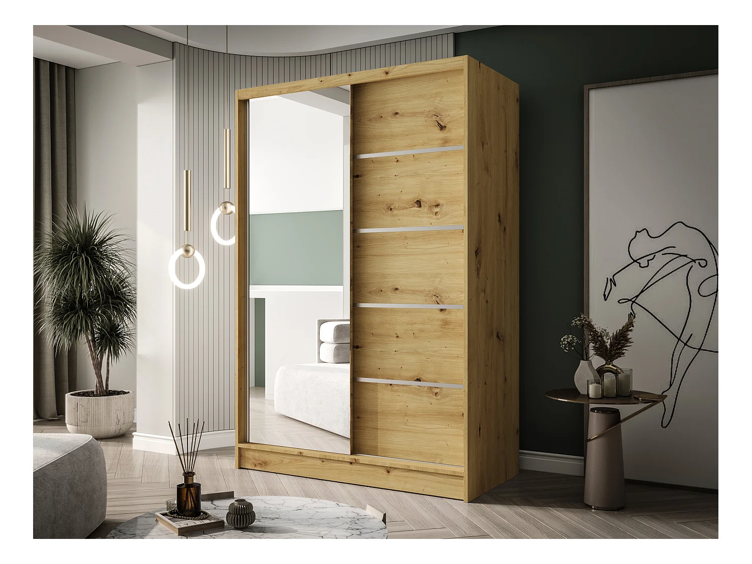 Zweitüriger Schiebeschrank mit Spiegel LAUSANNE L3, Regalböden und Kleiderstange (Artisan)
