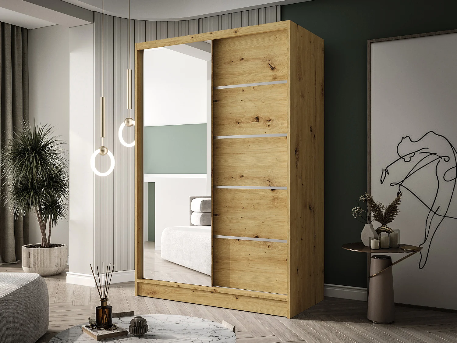 Zweitüriger Schiebeschrank mit Spiegel LAUSANNE L3, Regalböden und Kleiderstange (Artisan)