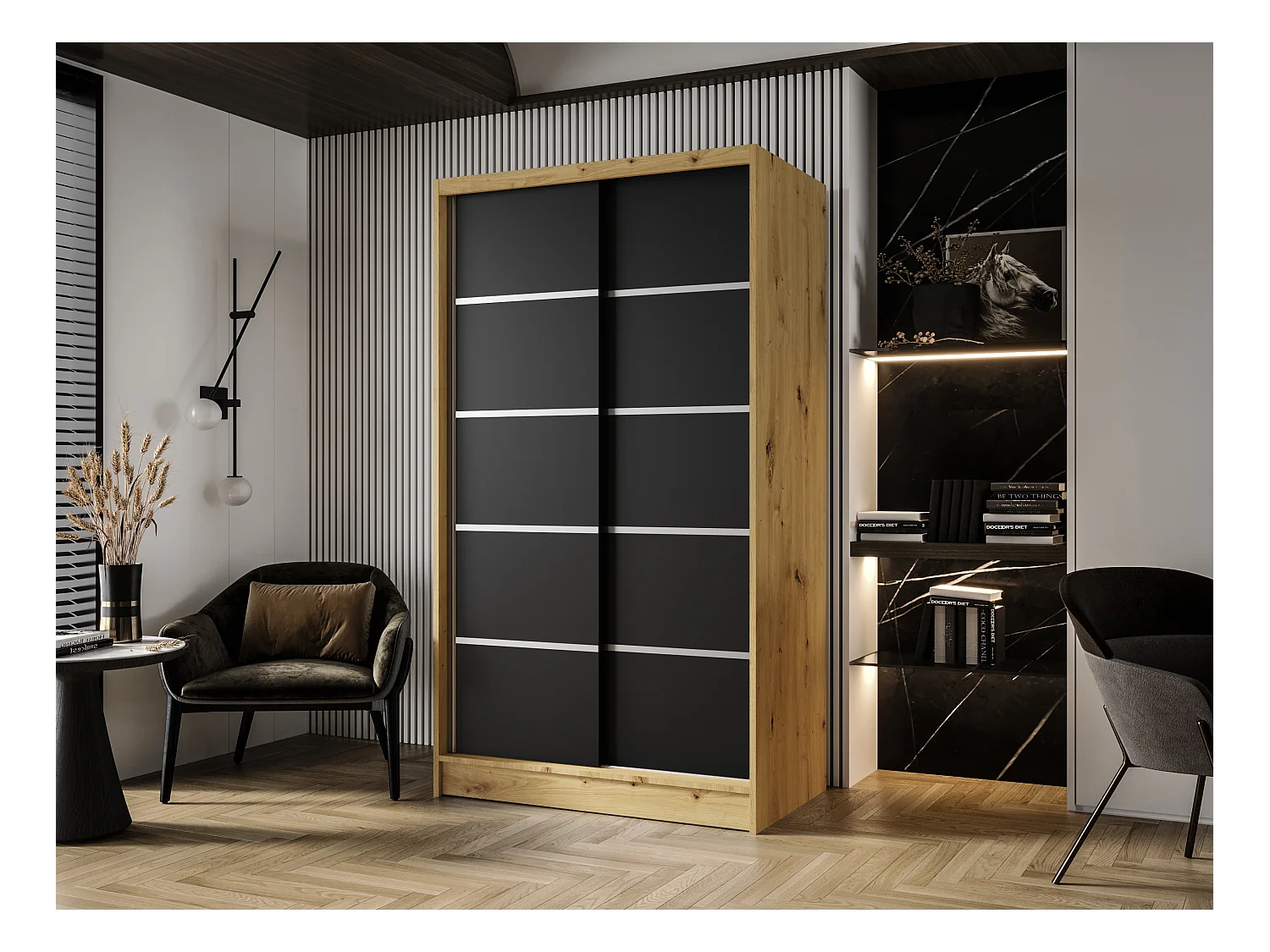Zweitüriger Schiebeschrank DETROIT D4, Regalböden und Kleiderstange (Artisan/Schwarz)