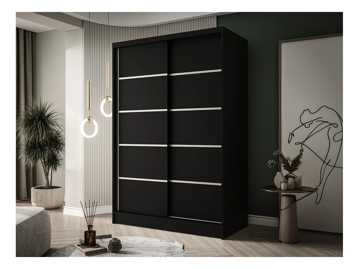 Zweitüriger Schiebeschrank LAUSANNE L4, Regalböden und Kleiderstange (Schwarz)